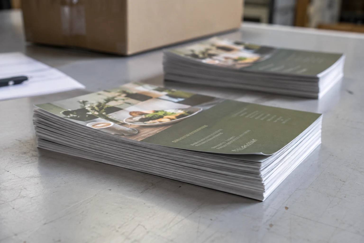 Stapel gedruckter Flyer mit Restaurantfotos
