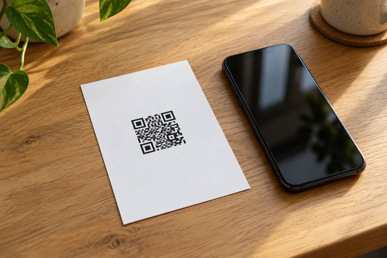 Flyer mit QR-Code zur Online-Bestellung neben einem Smartphone