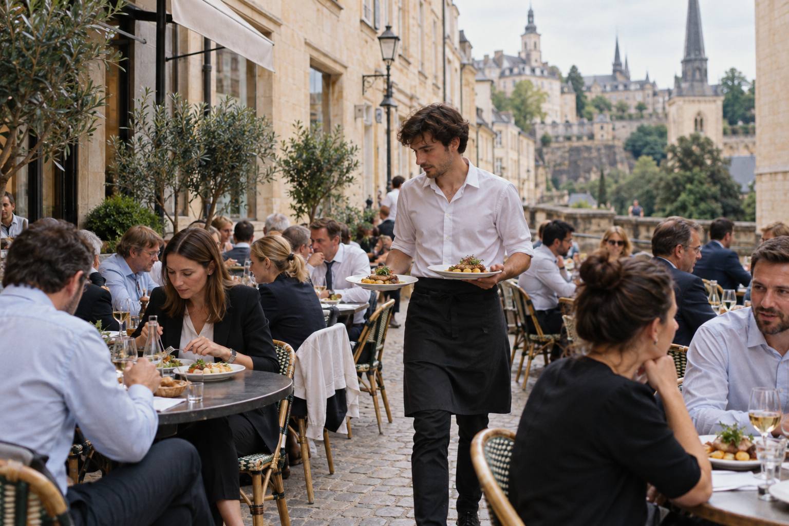 Gäste beim Mittagessen auf einer Restaurant-Terrasse