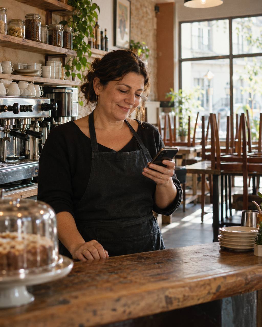 Restaurantbesitzerin nimmt eine Online-Bestellung auf dem Handy an