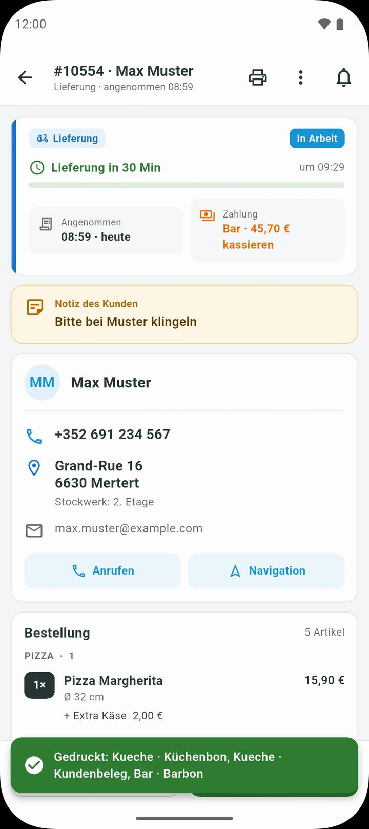 Neue Bestellung in der Restopage-Partner-App mit Lieferzeit und Gerichten
