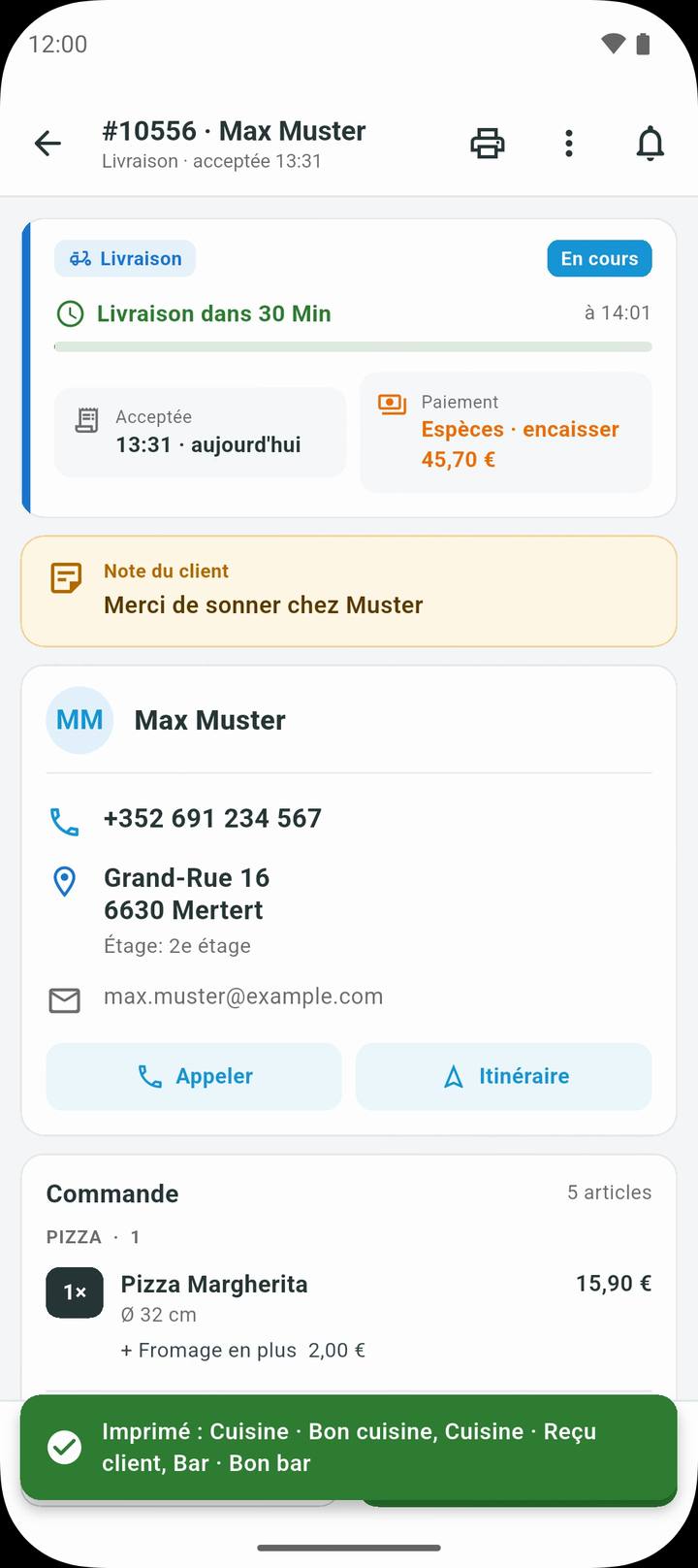 Nouvelle commande dans l’appli partenaire Restopage avec délai et plats