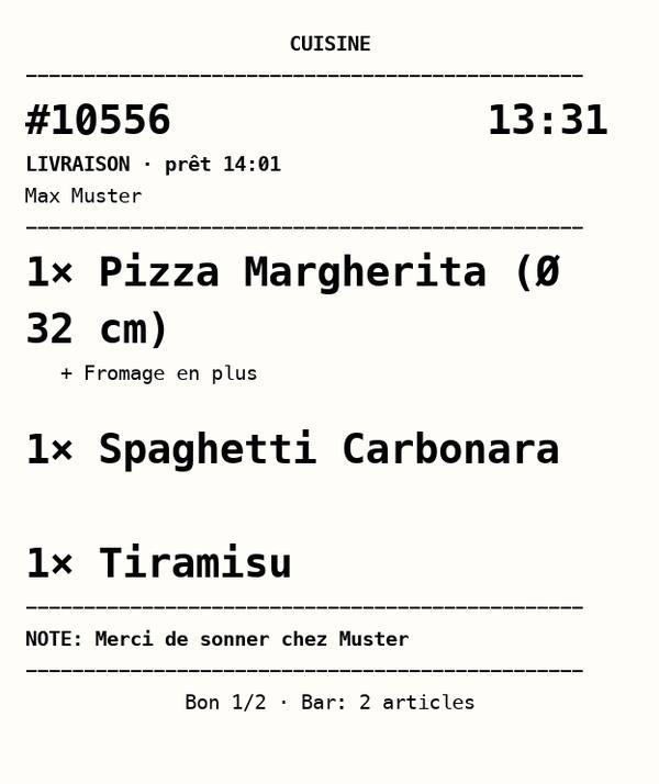 Ticket cuisine d’une commande en ligne sorti de l’imprimante
