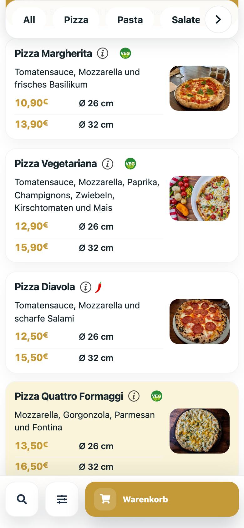 Speisekarte des Restaurants Primo auf dem Handy – Online-Bestellung über die eigene Restaurant-Website