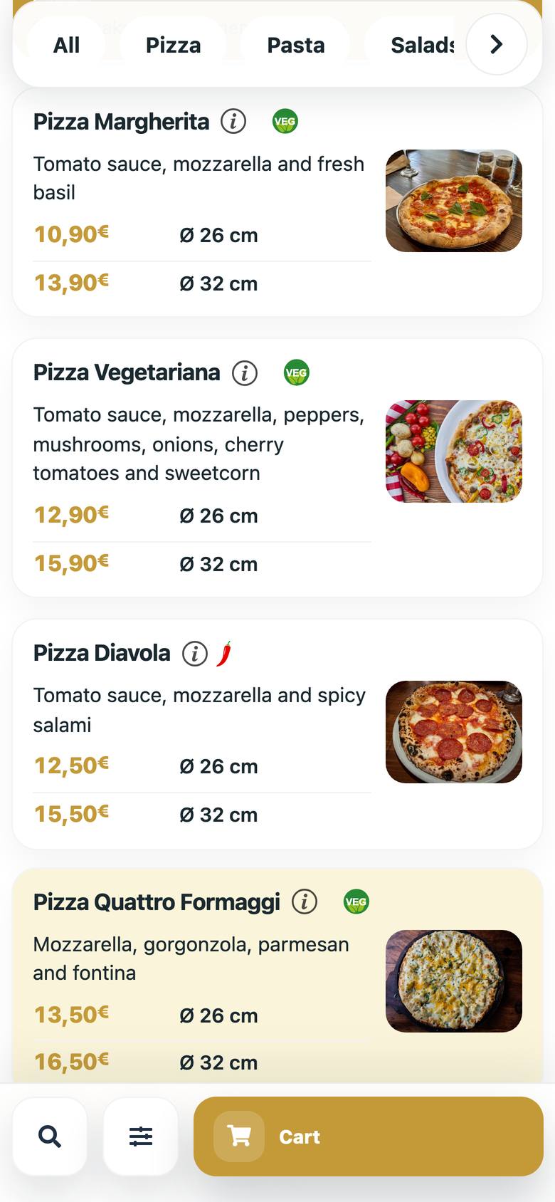 Primo restaurant menu on a phone – online ordering on the restaurant’s own website