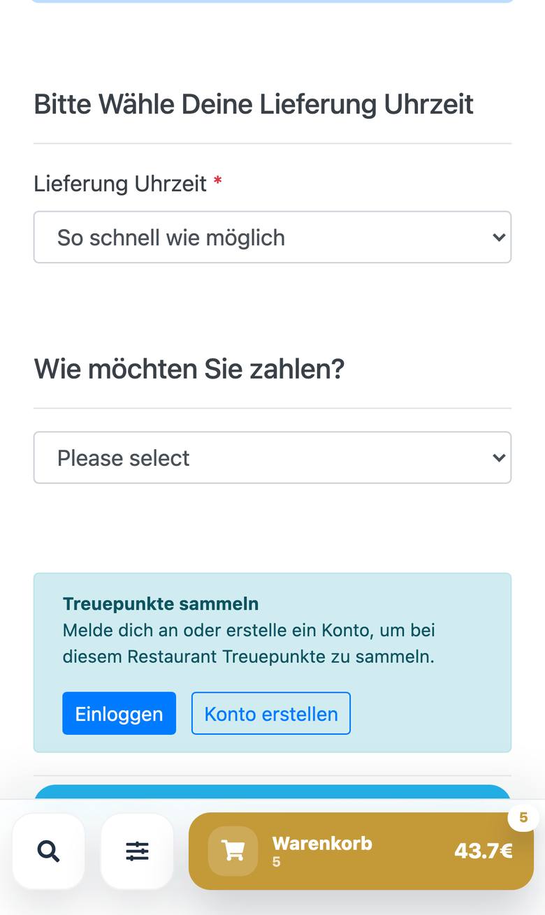 Kasse der Restaurant-Website mit Zahlungsarten Bar, Karte und online