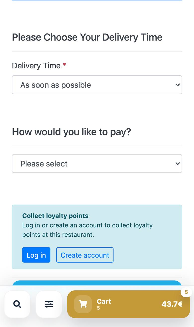 Checkout on the restaurant website with cash, card and online payment