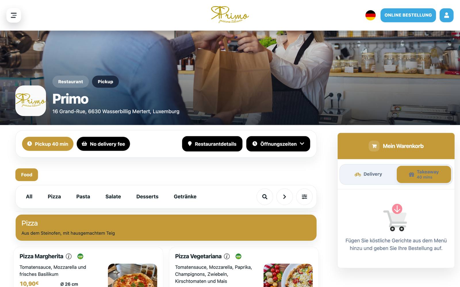Restaurant-Website von Primo mit Speisekarte und Online-Bestellung, erstellt mit Restopage