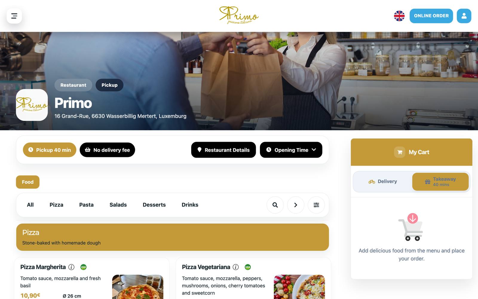 Primo restaurant website with menu and online ordering, built with Restopage